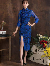 Royal-blue Whorl Cheongsam Midi Dress
